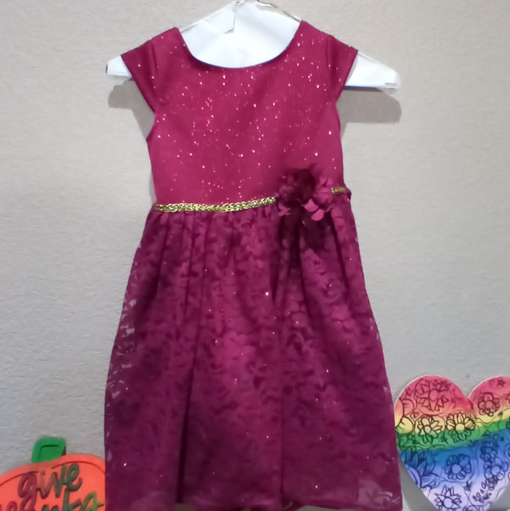 Burgundy girls formal dress with gold braid detail sz6